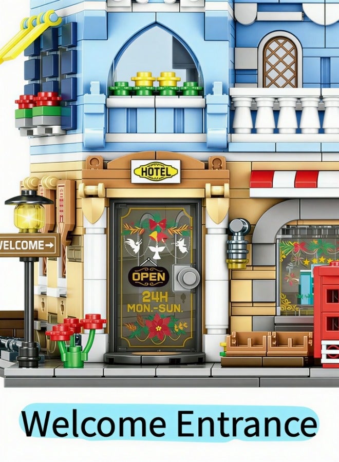 713 قطعة من مكعبات بناء فندق القلعة ثلاثية الأبعاد، فكرة هدية لعيد الفطر ورمضان، نموذج لعبة بناء تعليمية في مجال العلوم والتكنولوجيا والهندسة والرياضيات، مجموعة بناء إبداعية بمناظر الشوارع للأطفال والهواة - Image 3